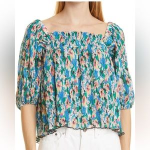 GANNI Floral Print Plisse Smocked Georgette Top - NWOT
